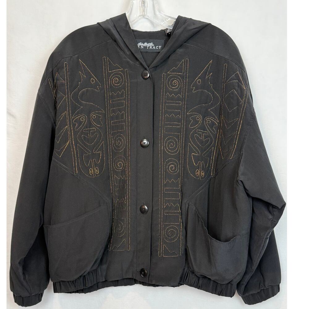 Vintage 80s Linda Allard Ellen Tracy 100% Silk Jacket S Black Tribal Embroidery